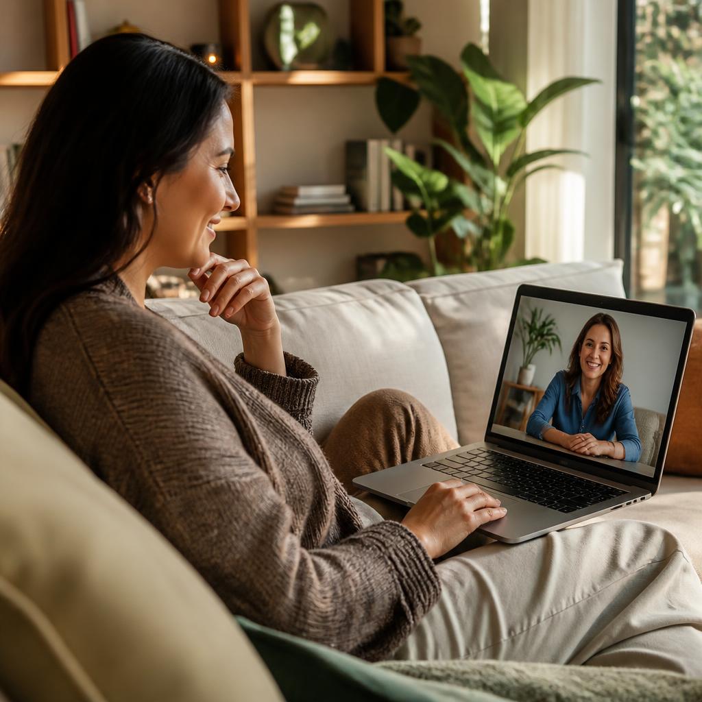 A calm client at home on a video call with a friendly nutrition practitioner